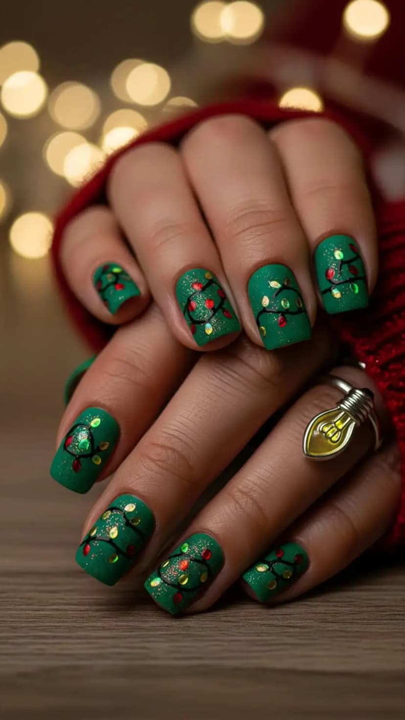 Matte Green Nails with Christmas Light Strings