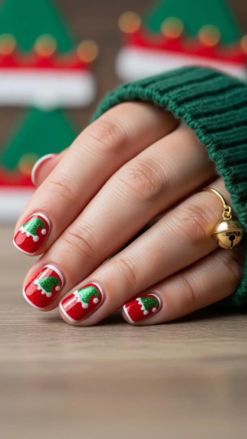 Elf Hat French Tips with Jingle Bells