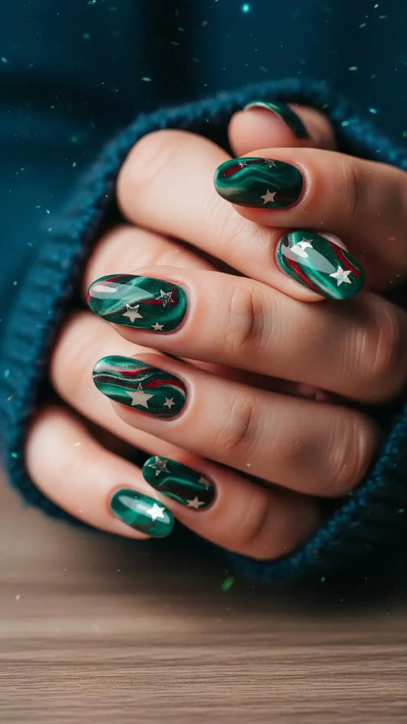 Red & Green Swirl Marble with Silver Stars