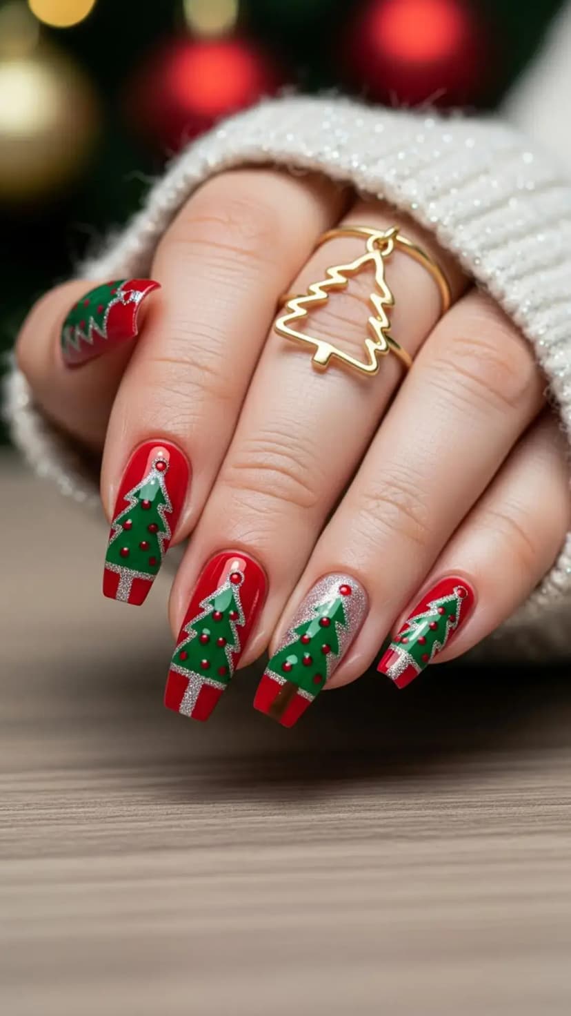 Red Nails + Sparkly Green Christmas Trees