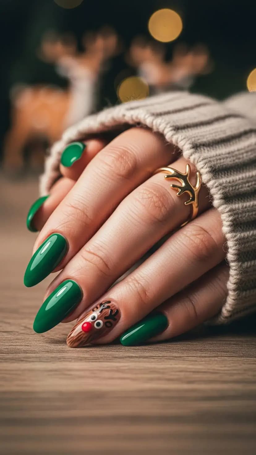 Glossy Green Nails + Cute Reindeer Rudolph Accent