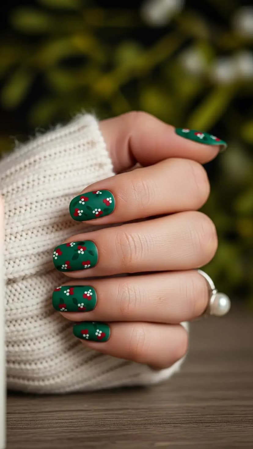 Matte Green Base + Dainty Holly Berry Pattern