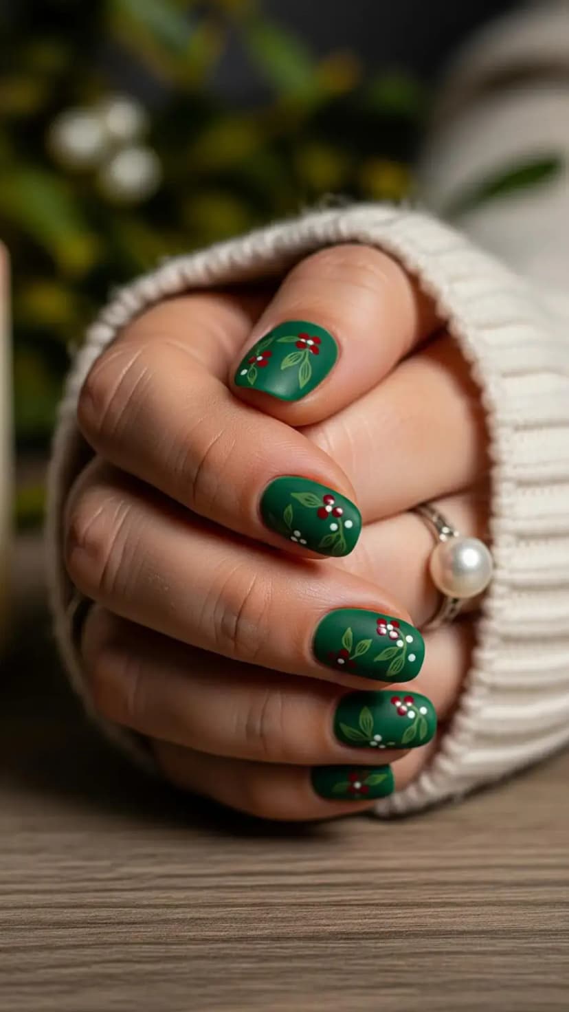 Matte Green Base + Dainty Holly Berry Pattern