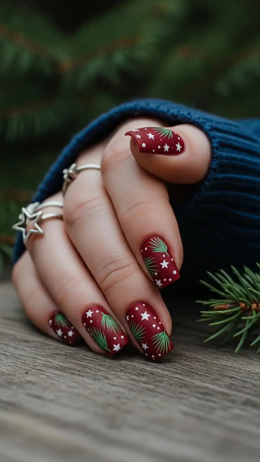 Burgundy Matte + Pine Branches & White Stars