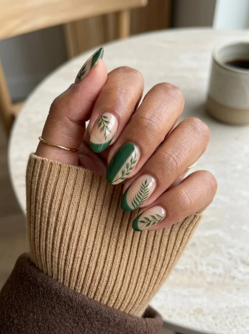 Green French Tips with Leaf Art
