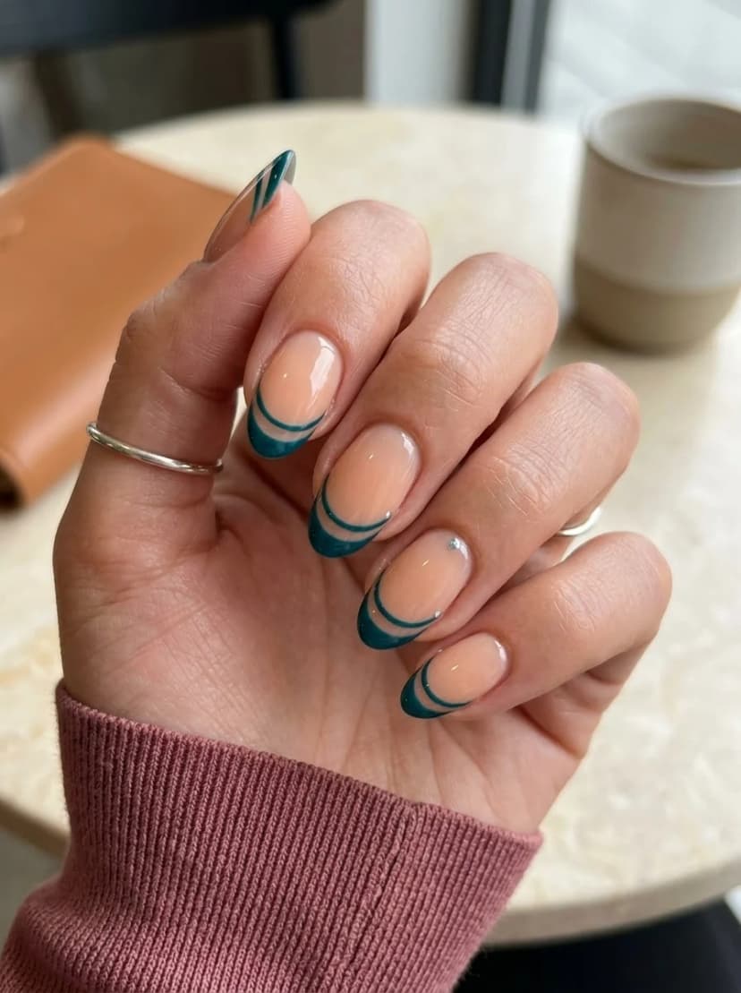 Teal Double French Tip Nails