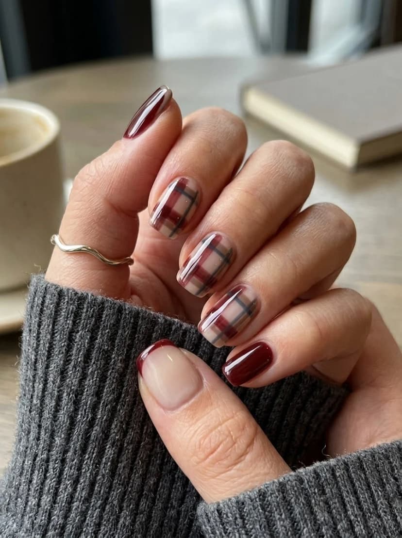 Burgundy Plaid Accent Nails