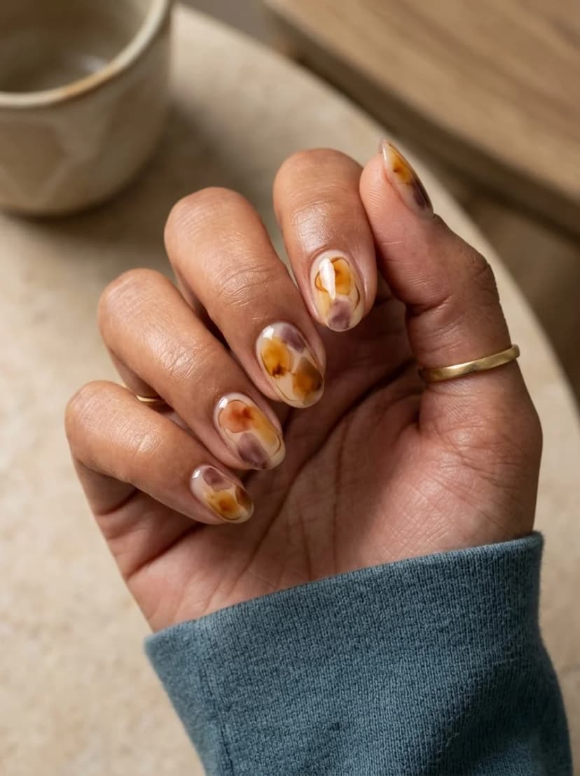 Brown, Yellow and Purple Abstract Watercolor Dot Nails
