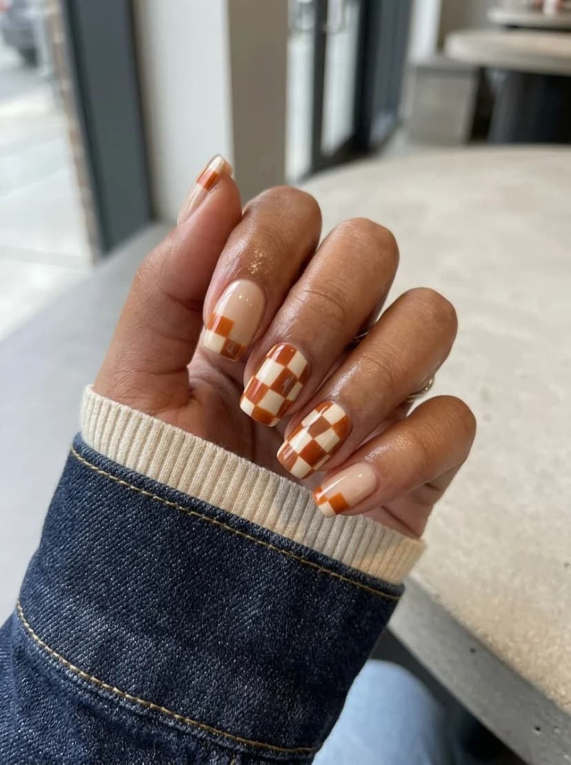 Orange Gingham Checkerboard Nails
