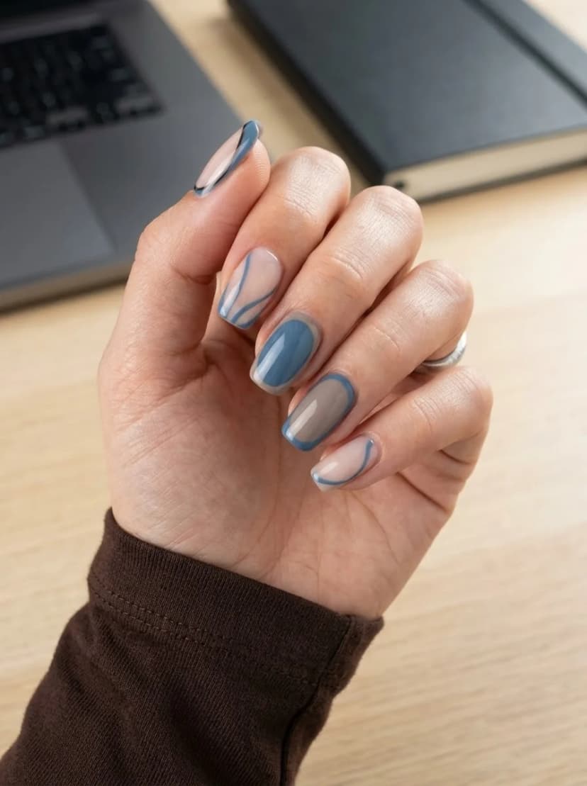 Blue and Grey Abstract Line Nails