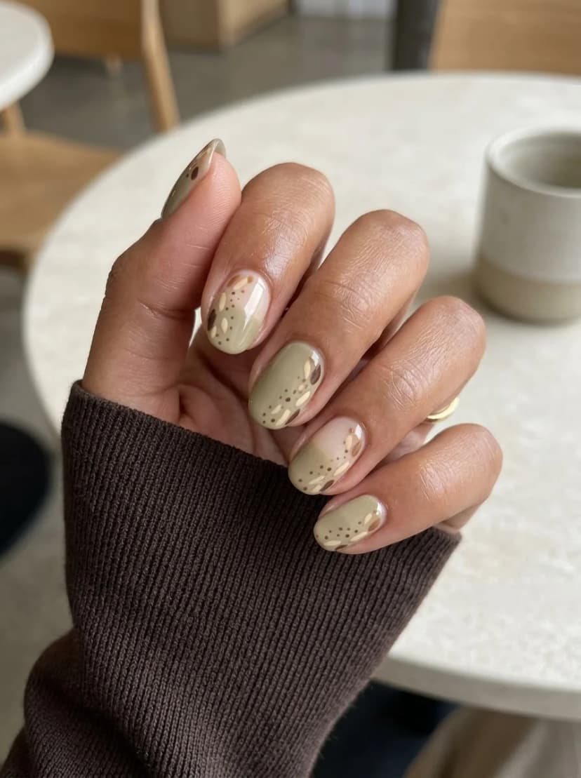Sage Green with Abstract Brown Spots