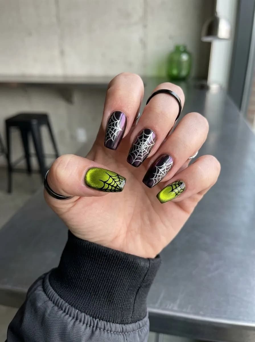 Iridescent green and purple nails with white spider web designs
