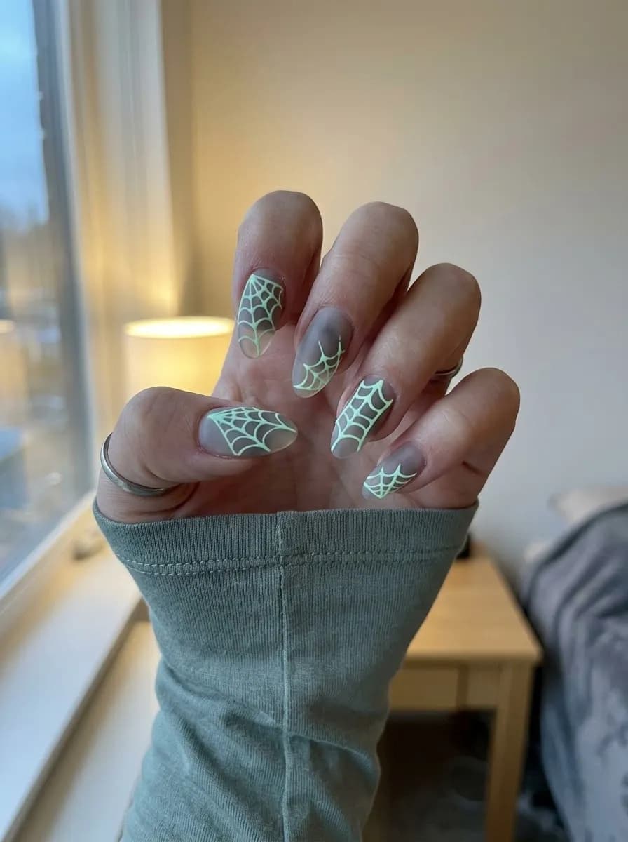 Matte grey and neon green nails with spider web designs