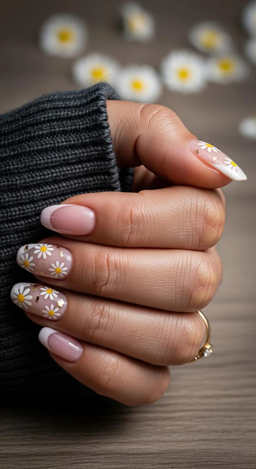 Pink French Tip Nails + Daisy Accent Nails