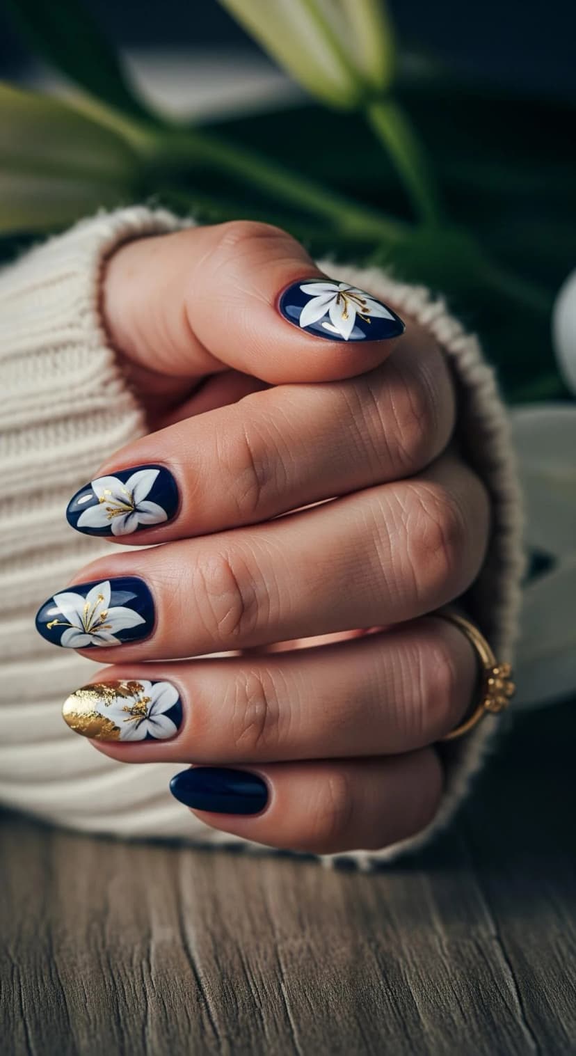 Navy Floral Accent Nail + Gold Leaf Accent Nail + Solid Navy Nail