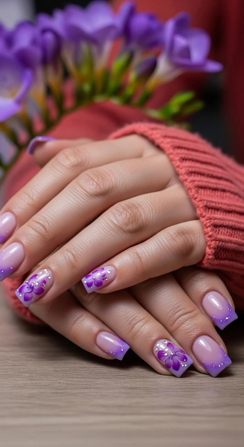 Purple Floral French Tip Nails + Rhinestone Accents