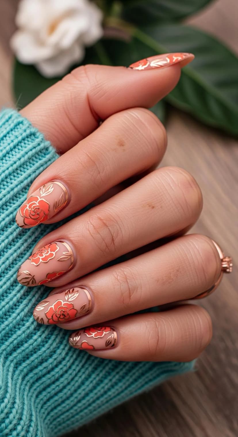Nude Almond Nails with Orange Floral and Gold Leaf Accents