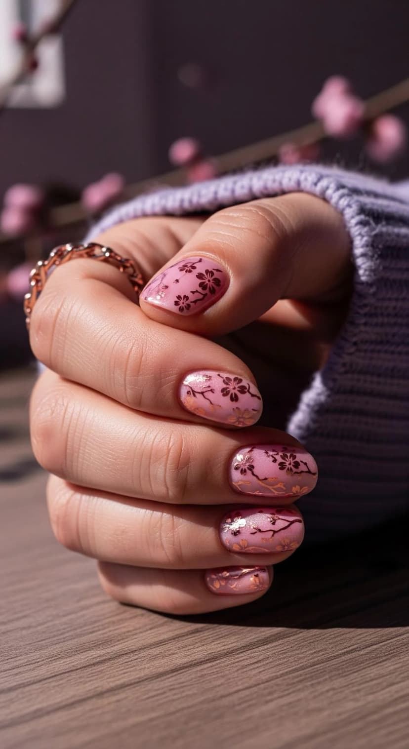Pink Floral Print Nails