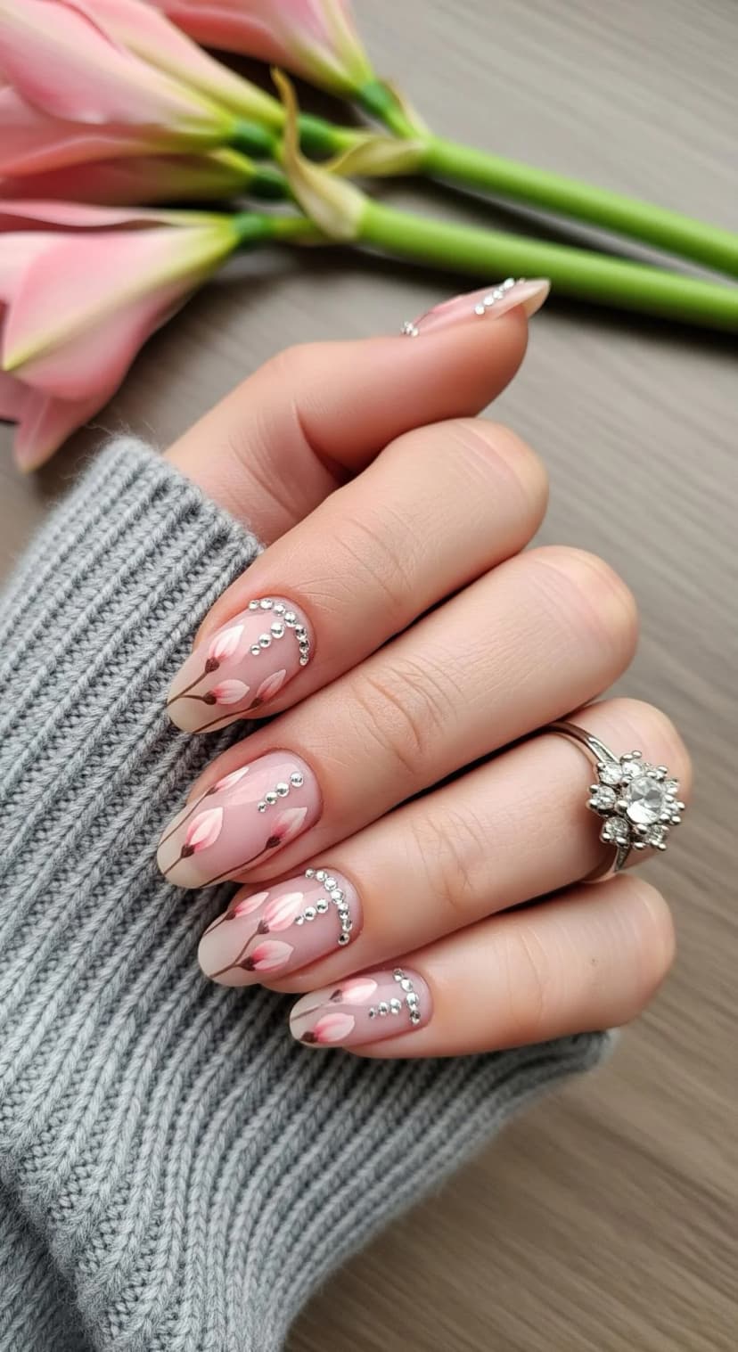 Sheer Pink Floral Print Nails + Rhinestone Accents