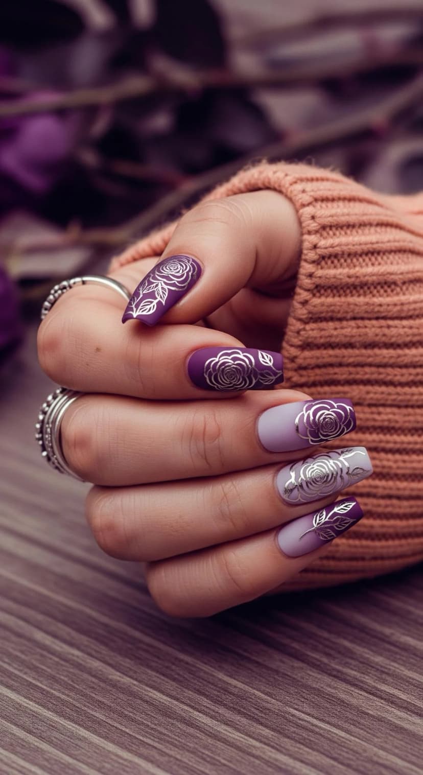 Purple Matte Nails with Silver Roses