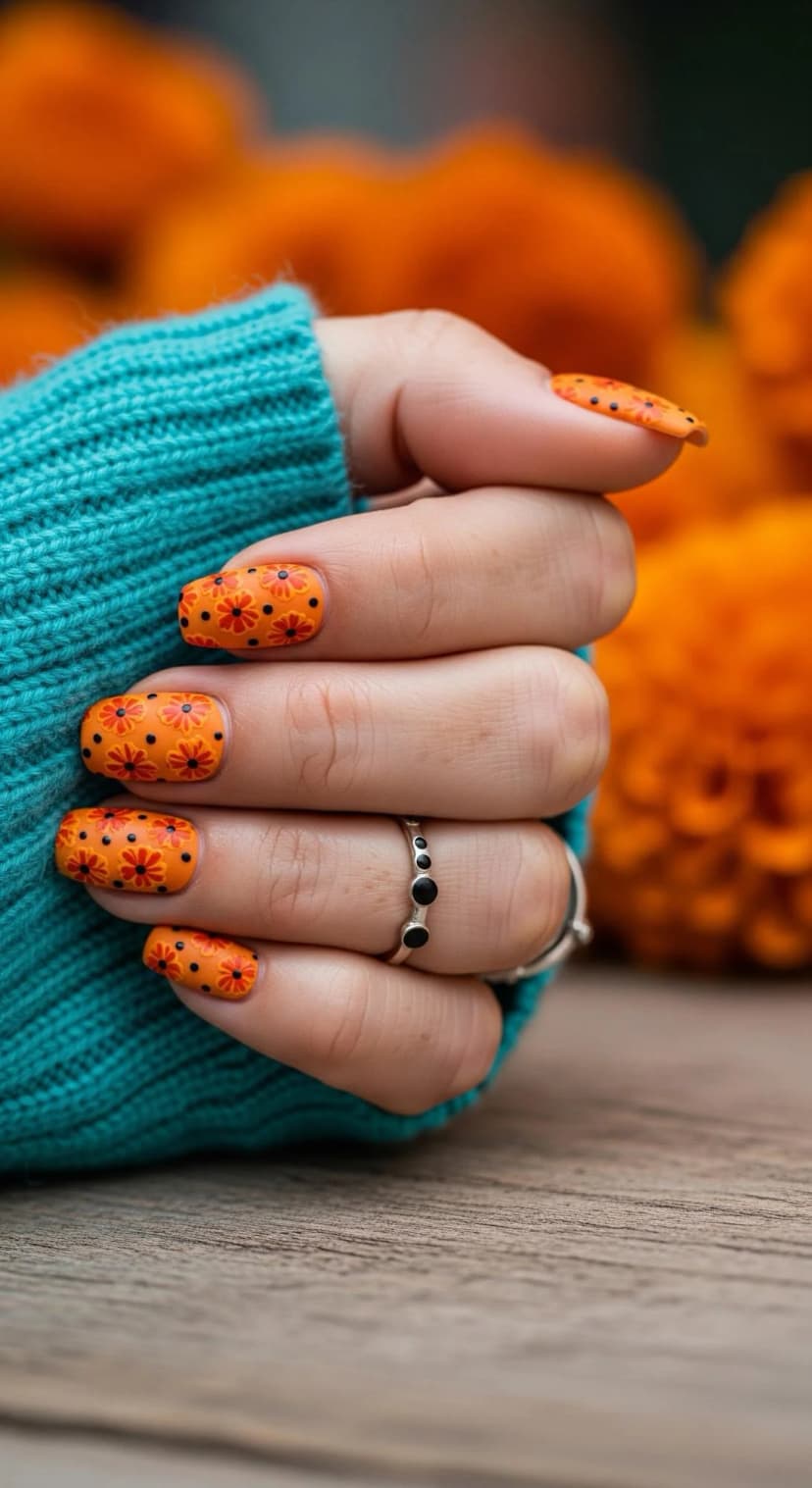 Orange Floral Print Nail Set