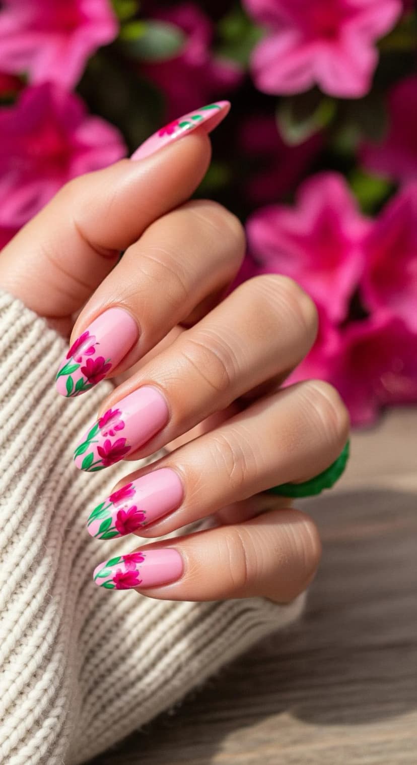 Pink Floral Almond Nails