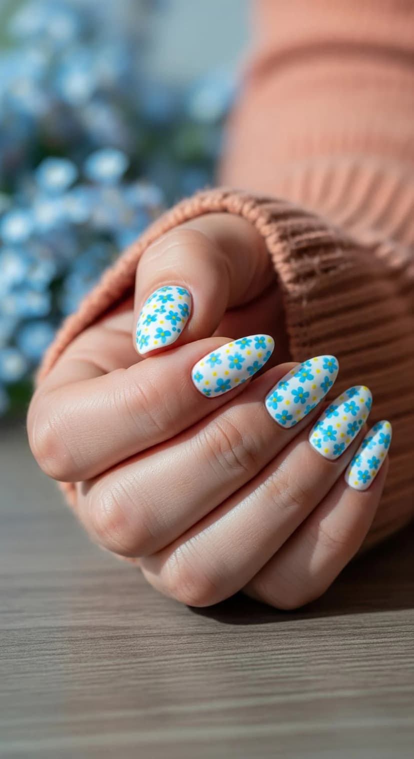 White Floral Print Almond Nails