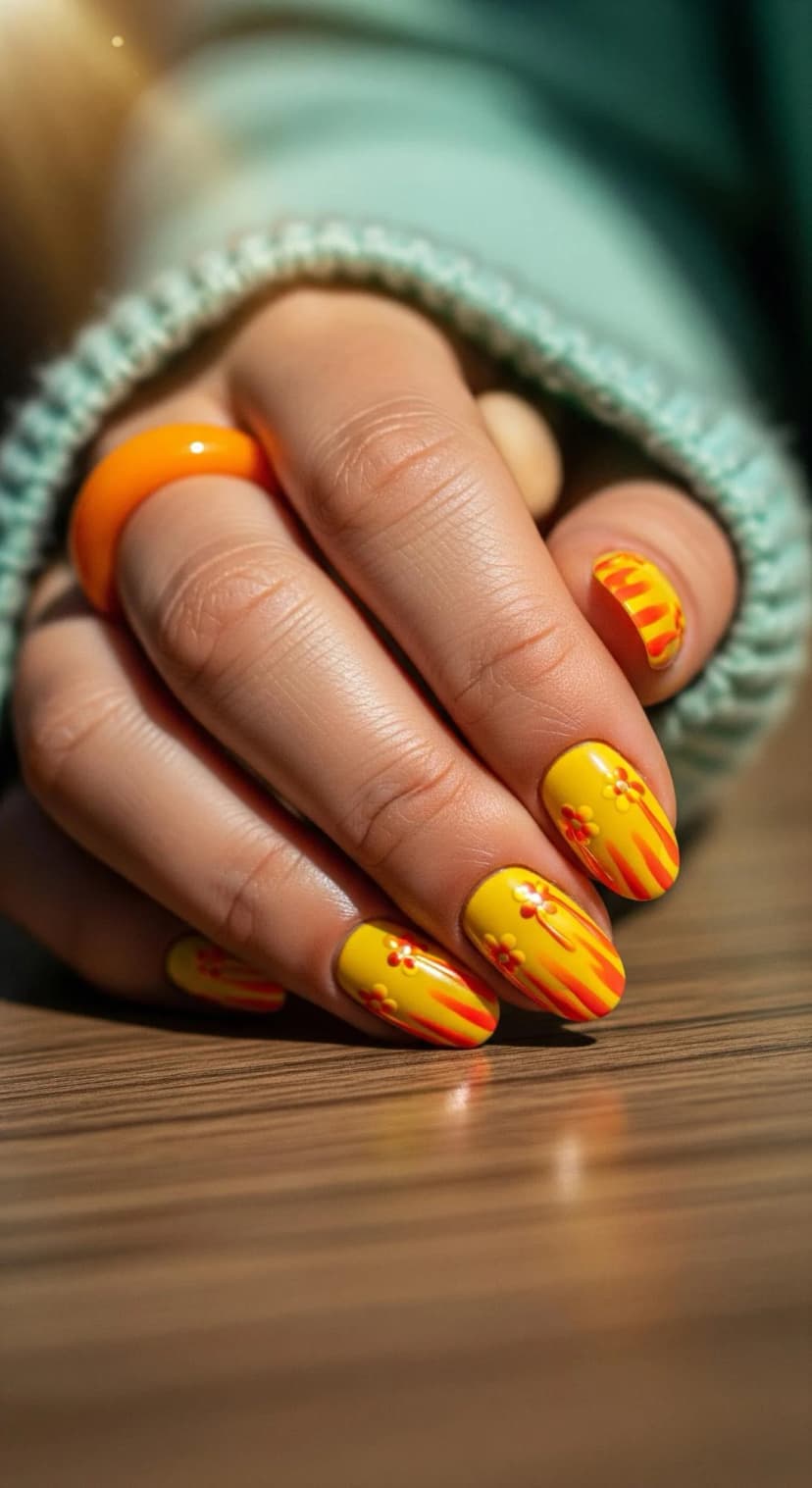 Yellow Floral Press-On Nails + Orange Swirl Press-On Nails