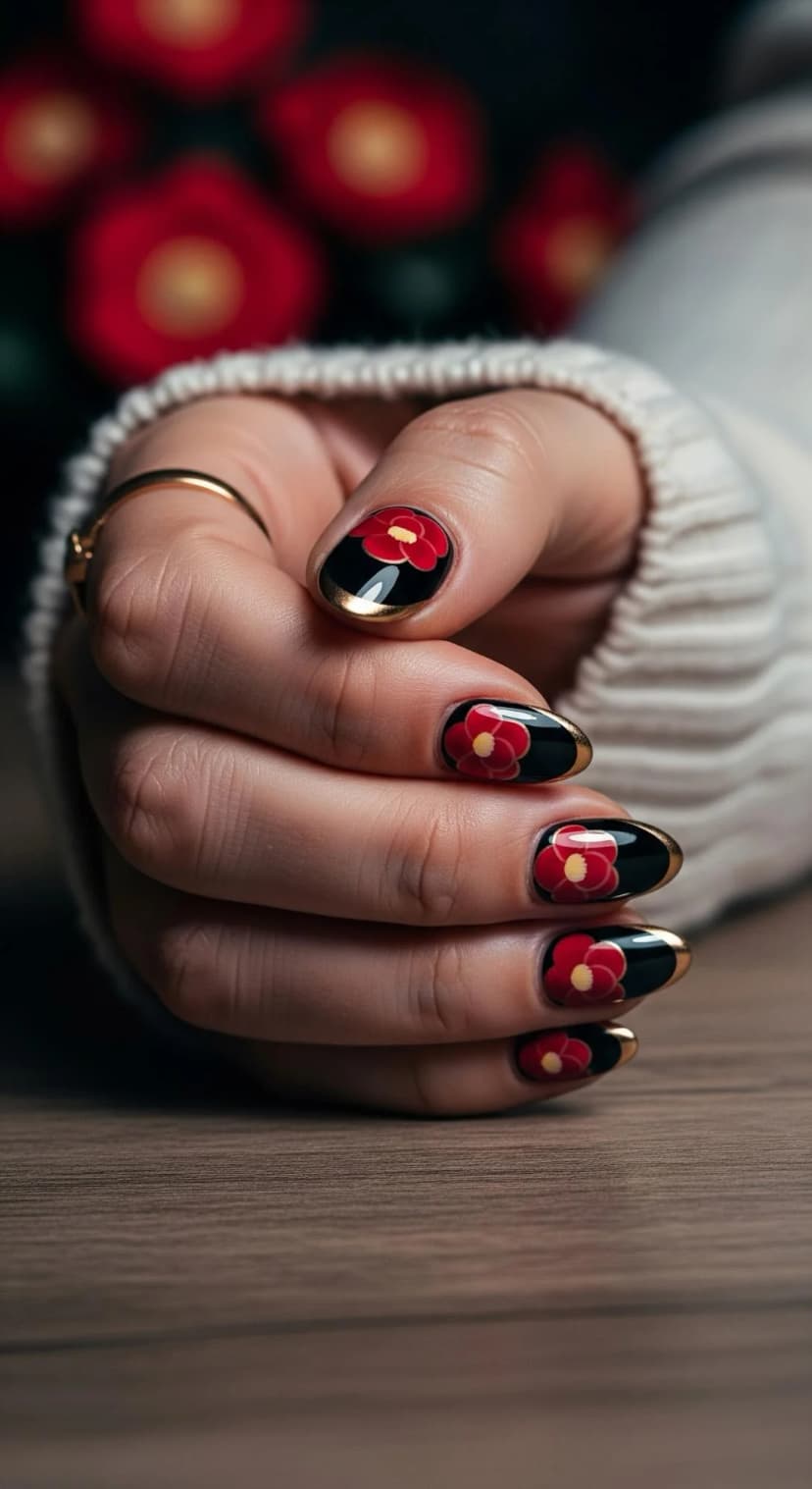 Black Floral Print Nails