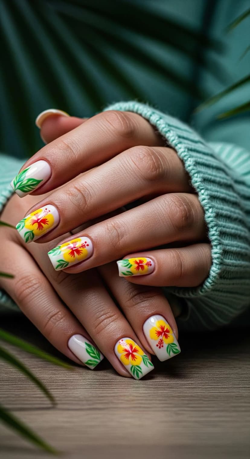 White Base with Yellow and Red Hibiscus Flowers + Green Leaves