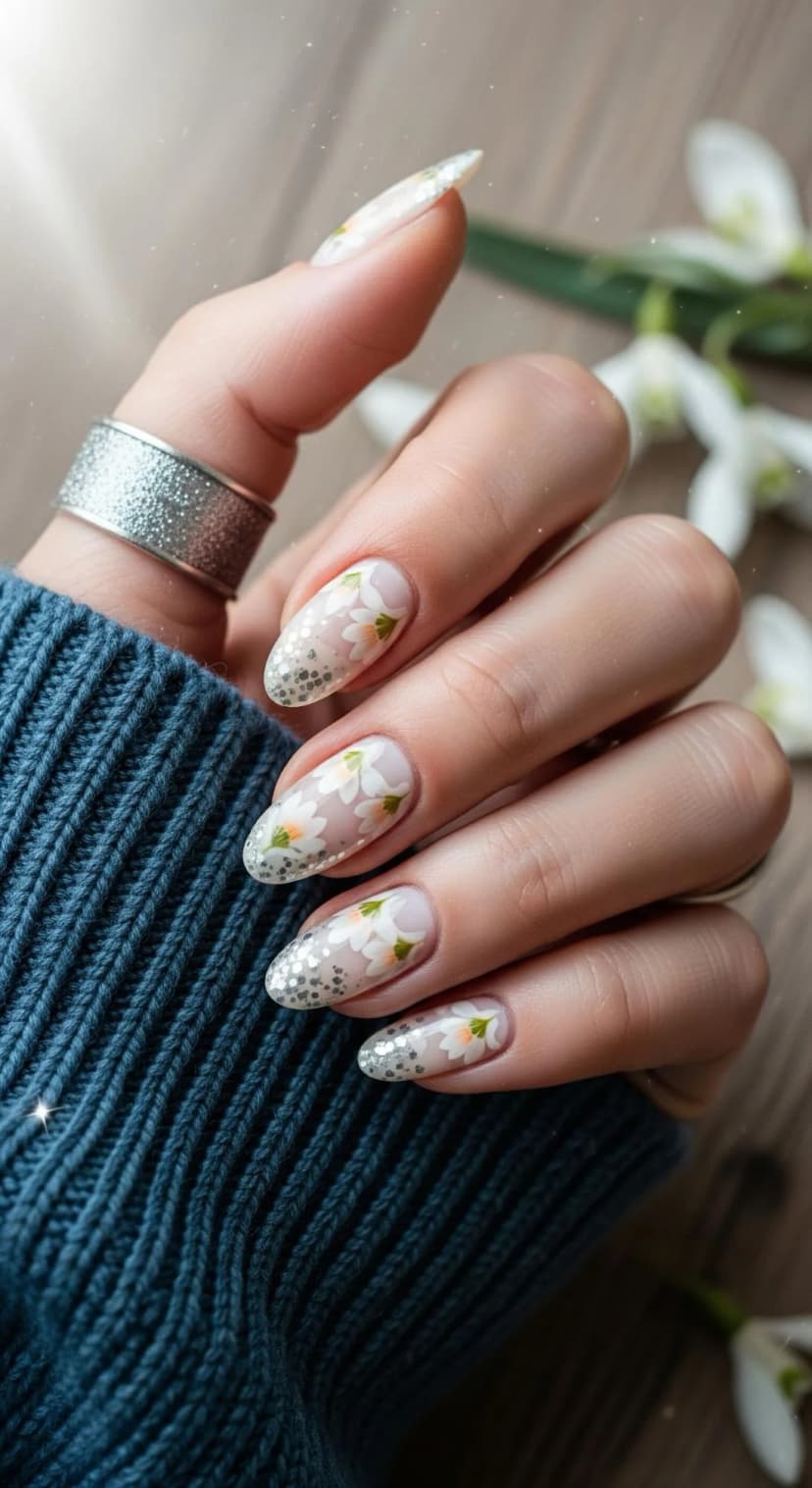 Sheer White Floral Print Nails + Silver Glitter French Tips