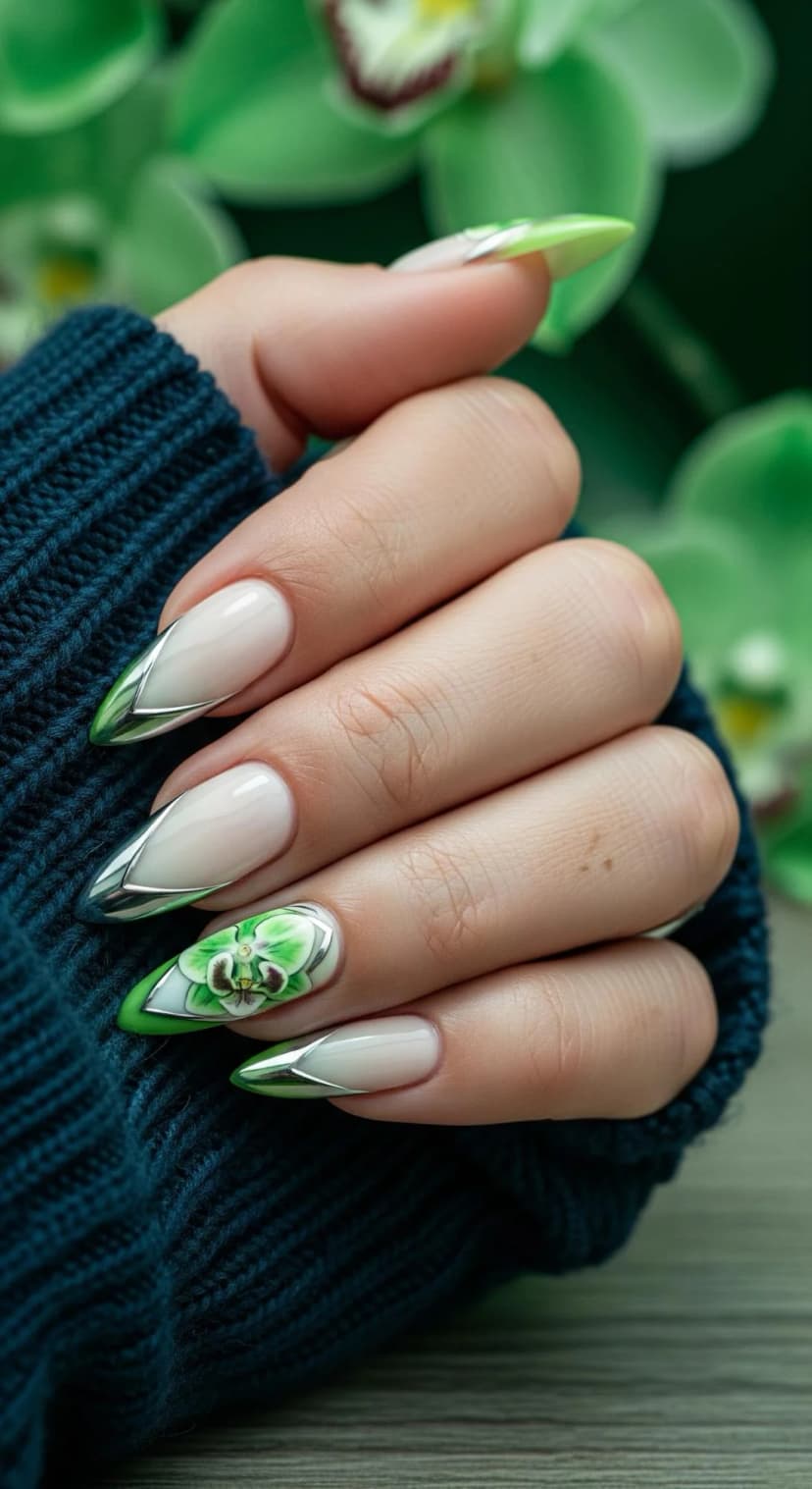 Cream Milky Base + Green Floral Design + Silver French Tip
