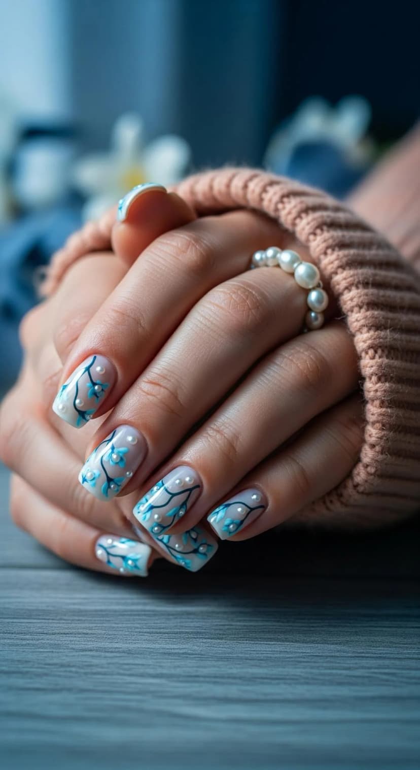 Nude Floral French Tip Nails