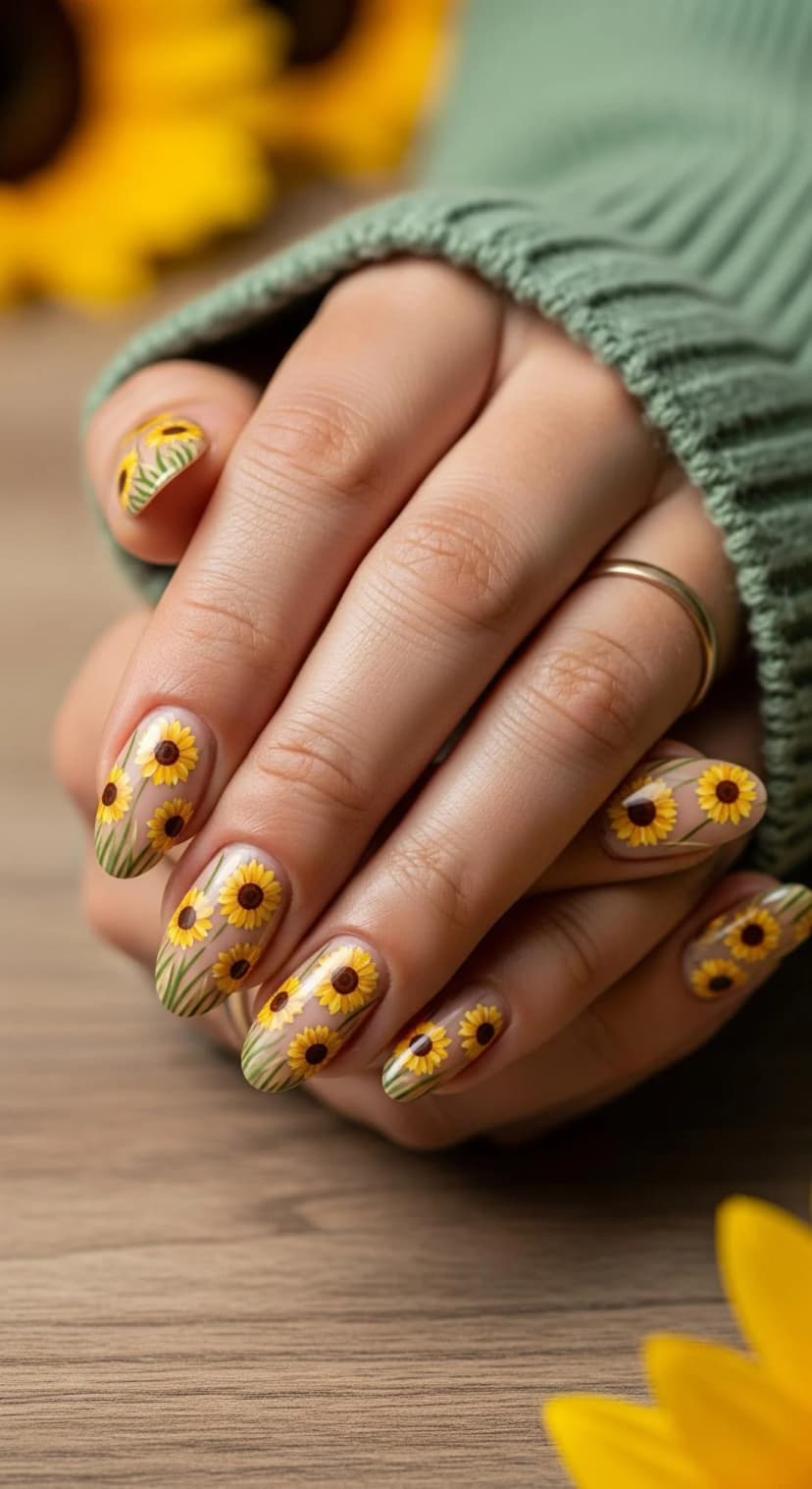 Clear Nail Polish + Sunflower and Green Grass Design
