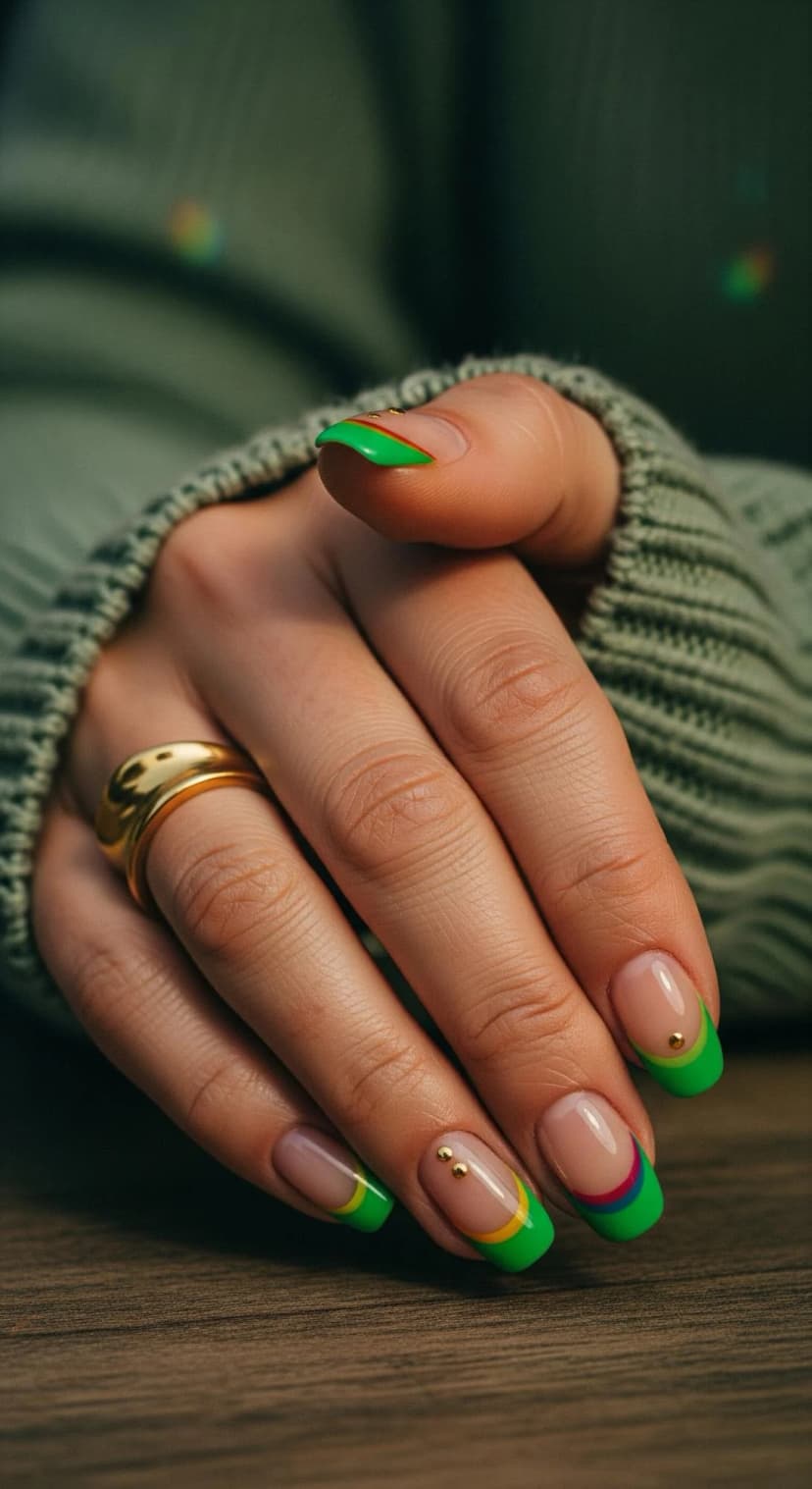 Green French Tip Nails with Gold Studs + Gold Dome Ring + Olive Green Knit Sweater
