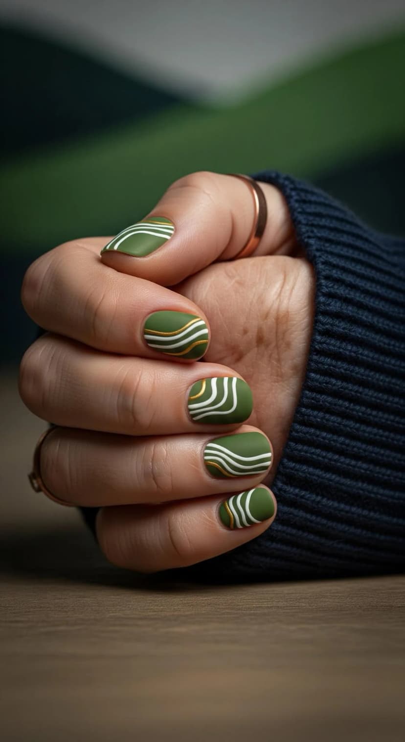Matte Olive Green Nails with White and Gold Swirls + Navy Blue Ribbed Sweater