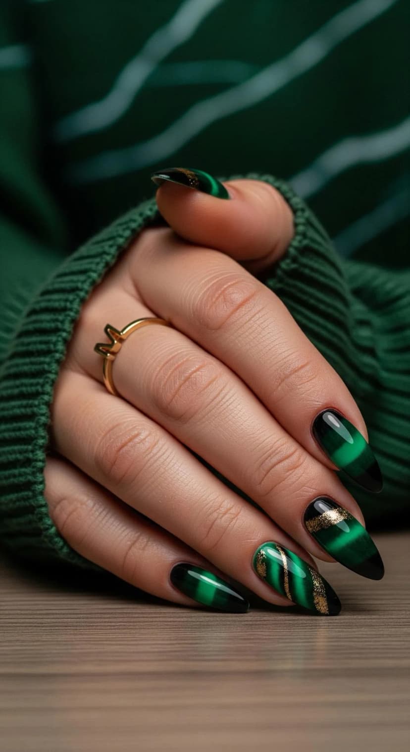 Dark Green Striped Nails with Gold Glitter + Black French Tip