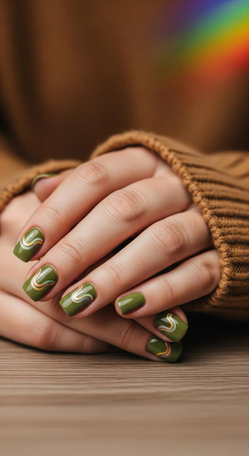 Olive Green Nails with Swirl Art