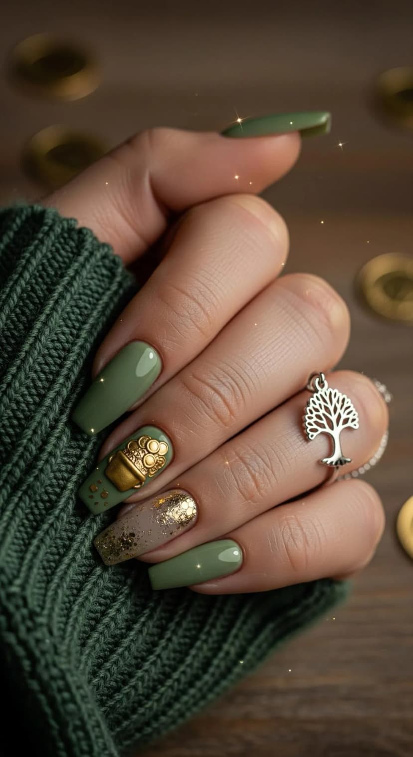 Sage Green Matte Nails + Gold Coin Pot Accent Nail + Gold Glitter Accent Nail