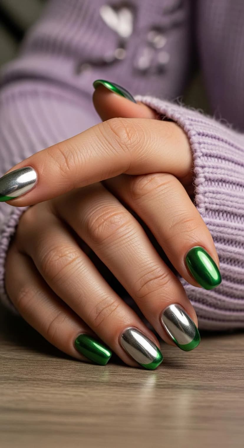 Purple Knit Sweater + Chrome Green and Silver Nails