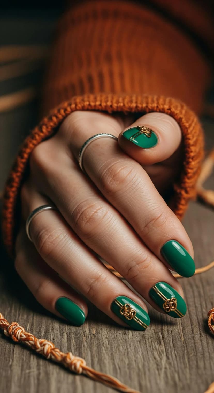 Emerald Green Oval Nails with Gold Celtic Knots + Orange Textured Knit Sweater