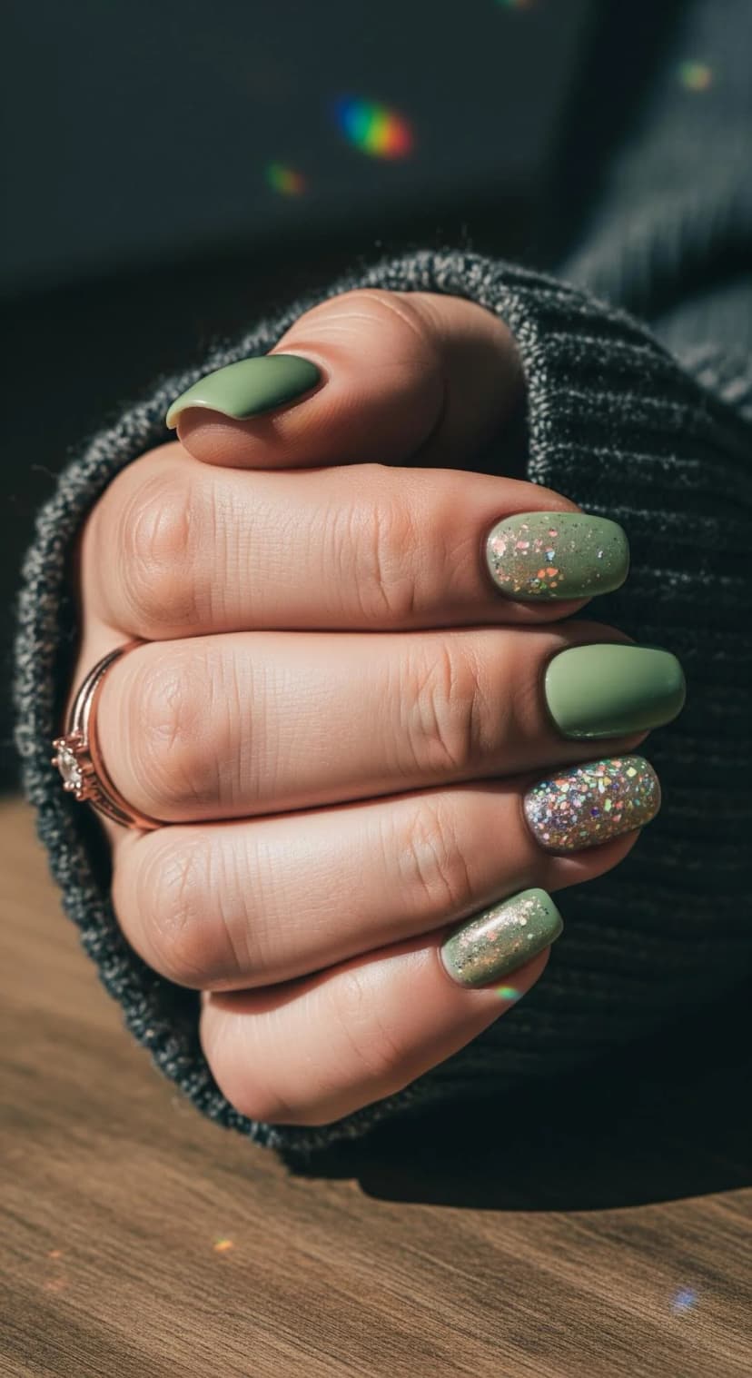 Olive Green Matte Nails + Gold Glitter Accents
