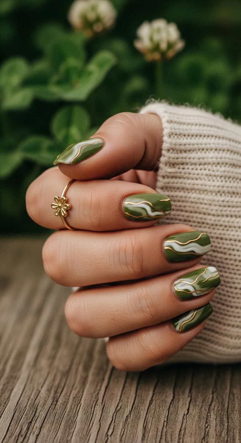 Olive Green Swirl Nail Art + Gold Flower Ring + Cream Knit Sweater