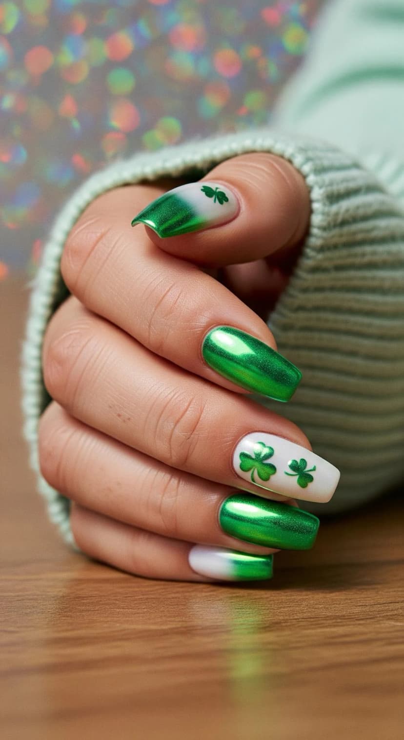 Green Chrome Nails + White Nails with Shamrocks