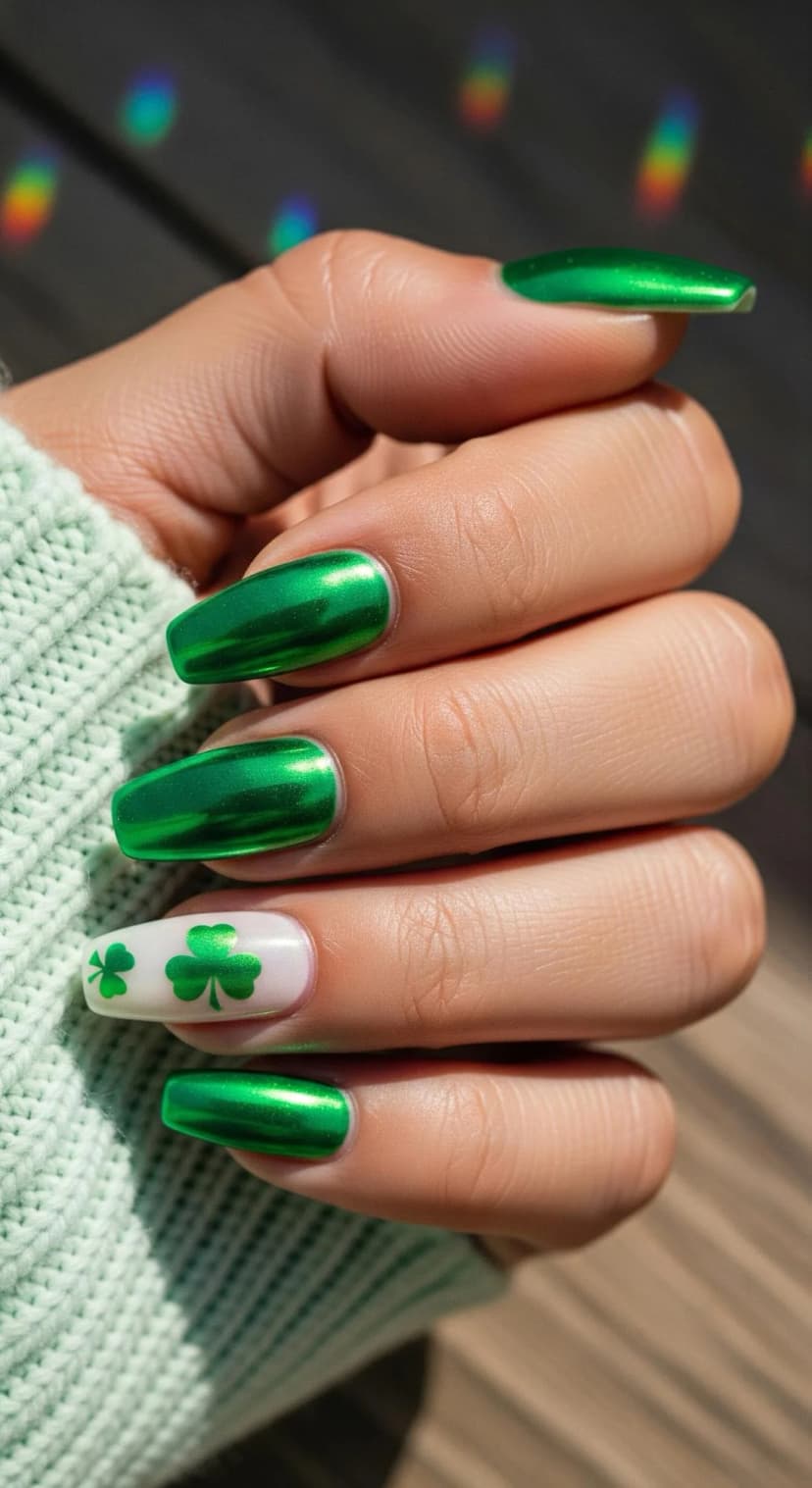 Green Chrome Nails + White Nails with Shamrocks