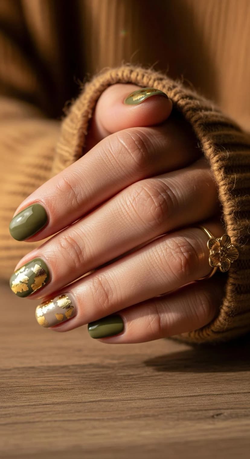 Olive Green Solid Nails + Taupe Gold Foil Accent Nails + Gold Flower Ring