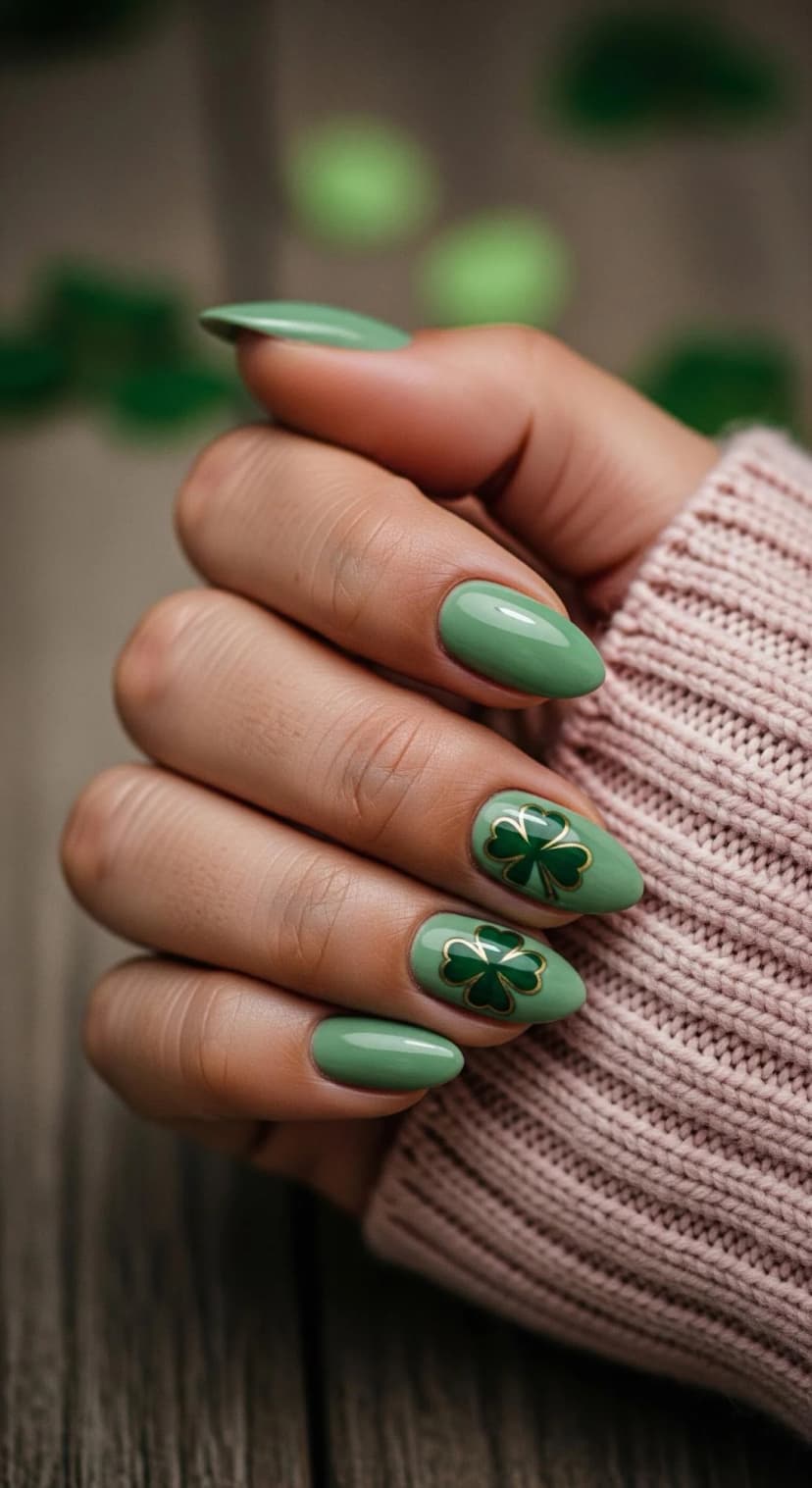Sage Green St. Patrick's Day Nails + Gold Clover Accents