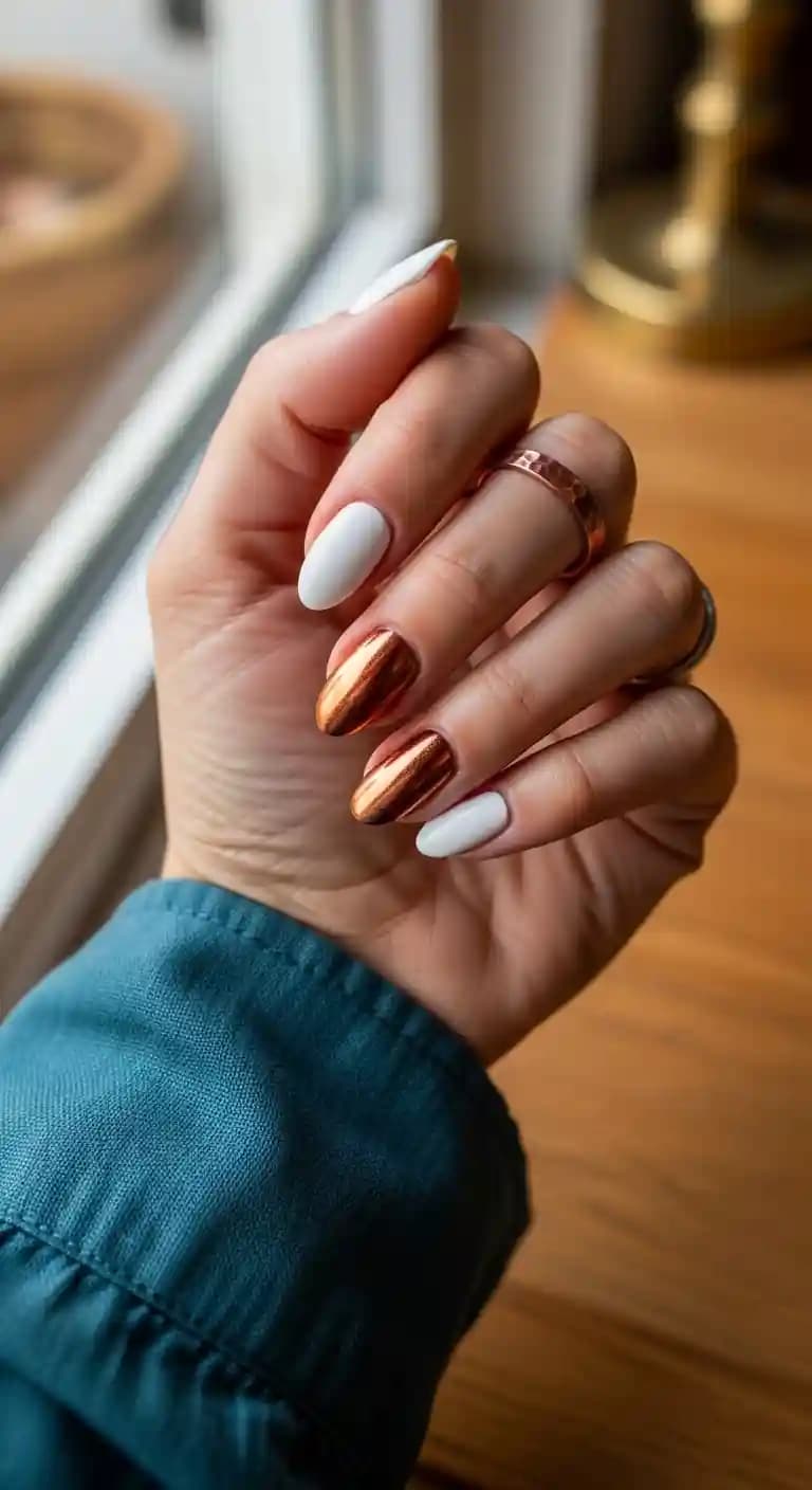 White Oval Nails + Copper Chrome Nails
