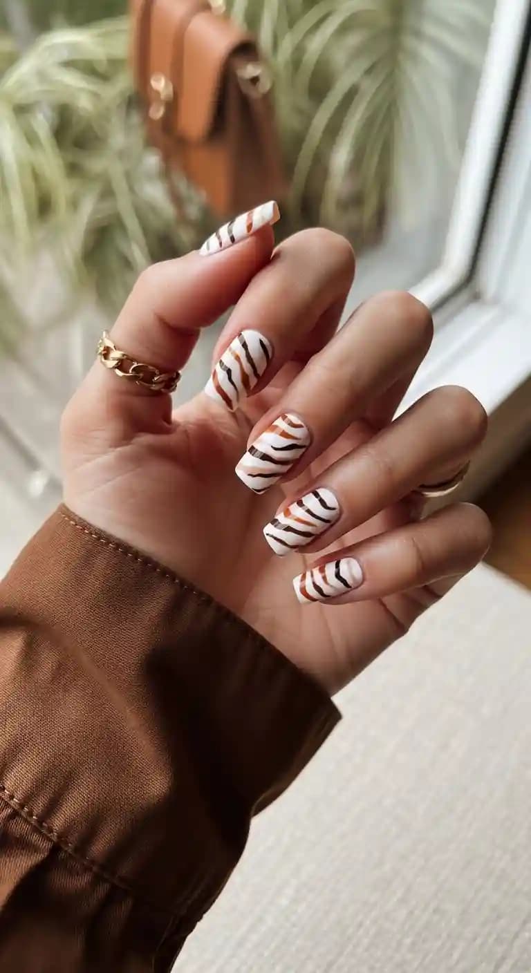 White + Brown Zebra Print French Tip