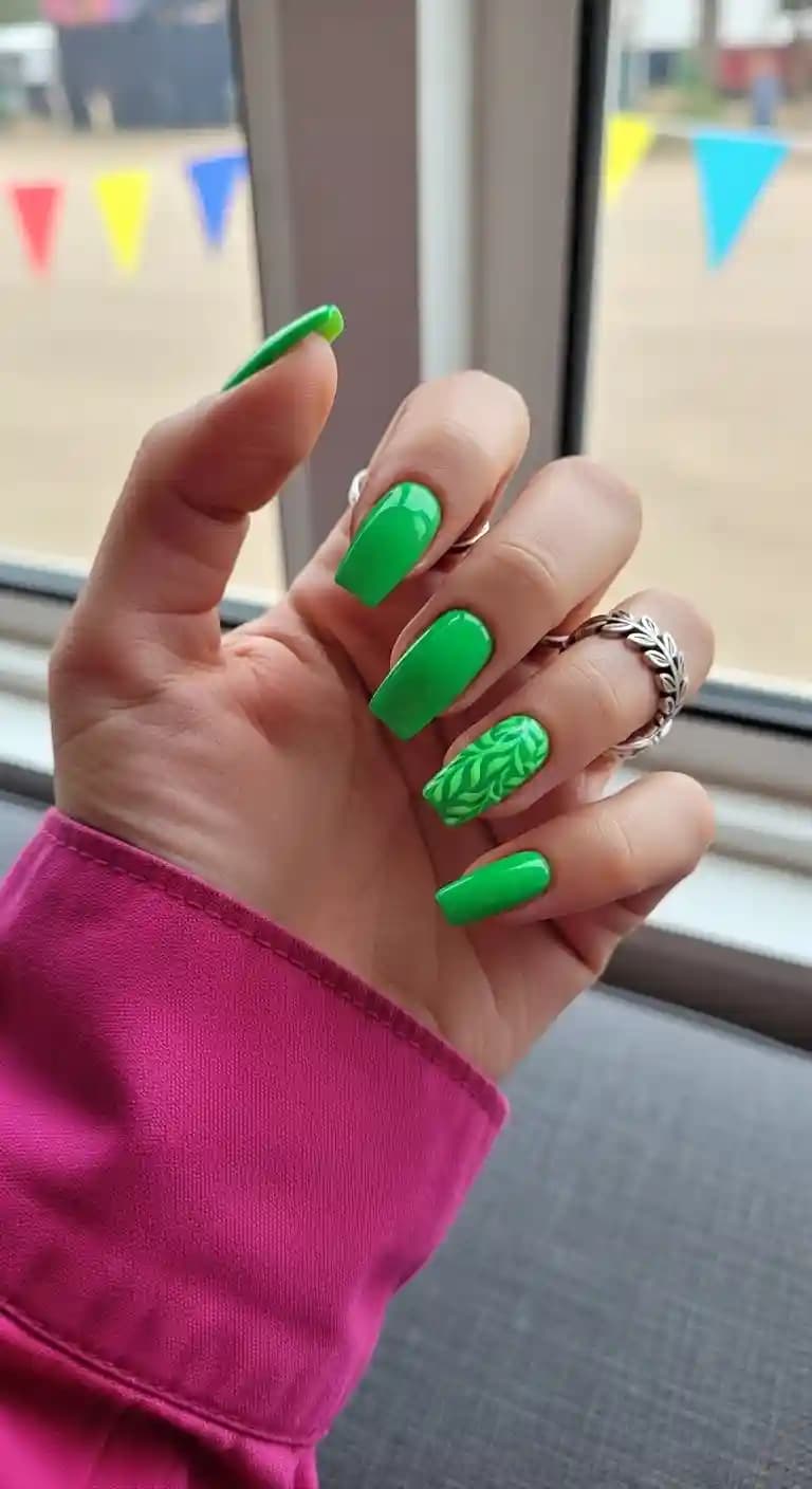 Bright Green Solid & Leaf Print Coffin Nails